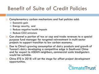 Benefit of Suite of Credit Policies 
¨ Complementary carbon mechanisms and fuel policies add: 
¤ Economic gain 
¤ Energy security, and 
¤ Reduce negative health impacts 
¤ Reduce CO2 emissions 
¨ Can channel a portion of tax or cap and trade revenues to a special 
purpose fund manager for targeted reinvestment in multi-sector 
projects to support transition to low carbon economy. 
¨ Due to China's growing consumption of dairy products and growth of 
Yunnan's dairy developing a competitive edge in Southwest China 
and for export to ASEAN neighbors, commercial scale biodigesters 
would be suitable. 
¨ China ETS in 2018 will set the stage for offset project development 
opportunities. 
 