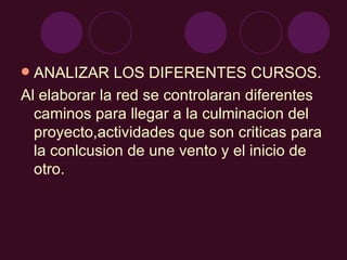 ANALIZAR LOS DIFERENTES CURSOS. Al elaborar la red se controlaran diferentes caminos para llegar a la culminacion del proyecto,actividades que son criticas para la conlcusion de une vento y el inicio de otro. 