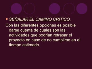 SEÑALAR EL CAMINO CRITICO. Con las diferentes opciones es posible darse cuenta de cuales son las actividades que podrian retrasar el proyecto en caso de no cumplirse en el tiempo estimado. 