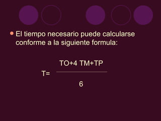 El tiempo necesario puede calcularse conforme a la siguiente formula: TO+4 TM+TP T=  6 