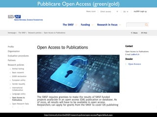 http://www.snf.ch/en/theSNSF/research-policies/open-access/Pages/default.aspx
Pubblicare Open Access (green/gold)
 