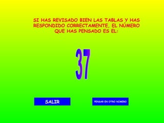 37 PENSAR EN OTRO NÚMERO SALIR SI HAS REVISADO BIEN LAS TABLAS Y HAS RESPONDIDO CORRECTAMENTE, EL NÚMERO QUE HAS PENSADO ES EL: 