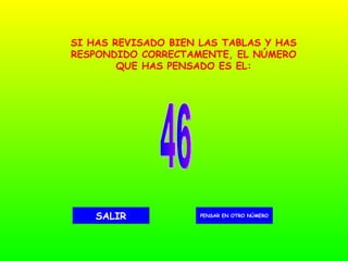 46 PENSAR EN OTRO NÚMERO SALIR SI HAS REVISADO BIEN LAS TABLAS Y HAS RESPONDIDO CORRECTAMENTE, EL NÚMERO QUE HAS PENSADO ES EL: 