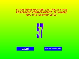 57 PENSAR EN OTRO NÚMERO SALIR SI HAS REVISADO BIEN LAS TABLAS Y HAS RESPONDIDO CORRECTAMENTE, EL NÚMERO QUE HAS PENSADO ES EL: 