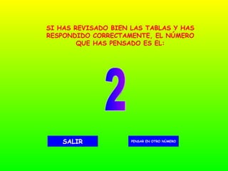 2 PENSAR EN OTRO NÚMERO SALIR SI HAS REVISADO BIEN LAS TABLAS Y HAS RESPONDIDO CORRECTAMENTE, EL NÚMERO QUE HAS PENSADO ES EL: 