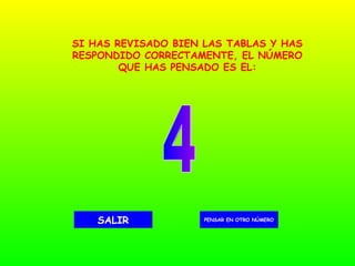 4 PENSAR EN OTRO NÚMERO SALIR SI HAS REVISADO BIEN LAS TABLAS Y HAS RESPONDIDO CORRECTAMENTE, EL NÚMERO QUE HAS PENSADO ES EL: 