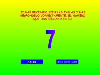 7 PENSAR EN OTRO NÚMERO SALIR SI HAS REVISADO BIEN LAS TABLAS Y HAS RESPONDIDO CORRECTAMENTE, EL NÚMERO QUE HAS PENSADO ES EL: 