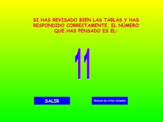 11 PENSAR EN OTRO NÚMERO SALIR SI HAS REVISADO BIEN LAS TABLAS Y HAS RESPONDIDO CORRECTAMENTE, EL NÚMERO QUE HAS PENSADO ES EL: 
