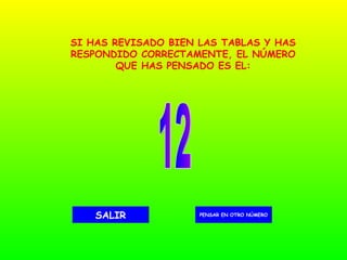 12 PENSAR EN OTRO NÚMERO SALIR SI HAS REVISADO BIEN LAS TABLAS Y HAS RESPONDIDO CORRECTAMENTE, EL NÚMERO QUE HAS PENSADO ES EL: 