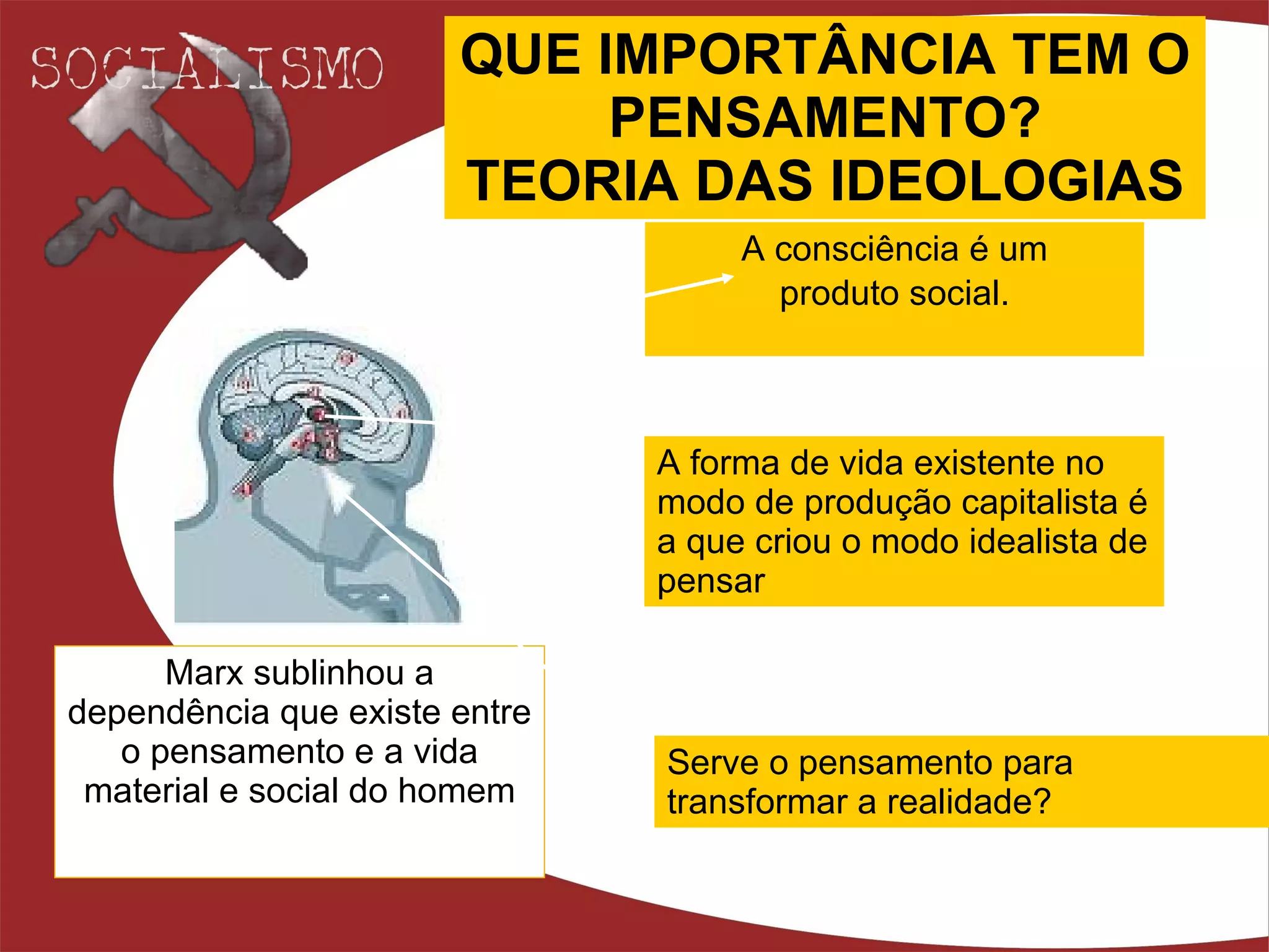 QUE IMPORTÂNCIA TEM O PENSAMENTO? TEORIA DAS IDEOLOGIAS A consciência é um produto social. Marx sublinhou a dependência que existe entre o pensamento e a vida material e social do homem A forma de vida existente no modo de produção capitalista é a que criou o modo idealista de pensar   Serve o pensamento para transformar a realidade? 