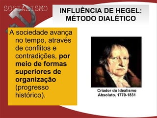 INFLUÊNCIA DE HEGEL: MÉTODO DIALÉTICO A sociedade avança no tempo, através de conflitos e contradições,  por meio de formas   superiores de organização  (progresso histórico). Criador do Idealismo Absoluto. 1770-1831 