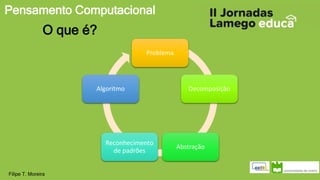 Pensamento Computacional
Filipe T. Moreira
O que é?
Problema
Decomposição
Abstração
Reconhecimento
de padrões
Algoritmo
 