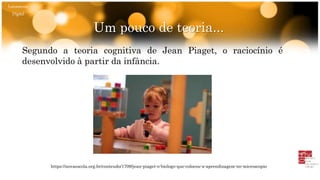 Um pouco de teoria...
Segundo a teoria cognitiva de Jean Piaget, o raciocínio é
desenvolvido à partir da infância.
Letramento
Digital
https://novaescola.org.br/conteudo/1709/jean-piaget-o-biologo-que-colocou-a-aprendizagem-no-microscopio
 