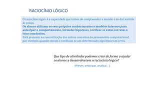 RACIOCÍNIO LÓGICO
O raciocínio lógico é a capacidade que temos de compreender o mundo e de dar sentido
às coisas.
Os alunos utilizam os seus próprios conhecimentos e modelos internos para
antecipar o comportamento, formular hipóteses, verificar se estão corretas e
tirar conclusões.
Está presente na concretização dos outros conceitos do pensamento computacional,
por exemplo quando testam e verificam se um determinado algoritmo tem erros.
Que tipo de atividades podemos criar de forma a ajudar
os alunos a desenvolverem o raciocínio lógico?
(Prever, antecipar, analisar...)
 