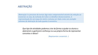 ABSTRAÇÃO
Abstração é o processo de tornar algo mais compreensível através da redução ao
essencial, ou seja, da exclusão de todos os detalhes desnecessários. A
representação de um mapa do metro costuma ser dada como um exemplo
extremo de abstração de tudo quanto é acessório.
Que tipo de atividades podemos criar de forma a ajudar os alunos a
abstraírem e ganharem confiança na sua própria forma de representar
conceitos e ideias?
(Representar o essencial...)
 
