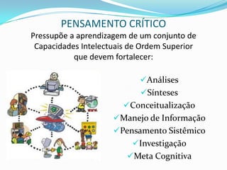 PENSAMENTO CRÍTICO
Pressupõe a aprendizagem de um conjunto de
 Capacidades Intelectuais de Ordem Superior
           que devem fortalecer:

                            Análises
                            Sínteses
                        Conceitualização
                     Manejo de Informação
                     Pensamento Sistêmico
                          Investigação
                         Meta Cognitiva
 