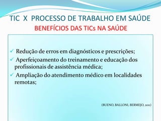 TIC X PROCESSO DE TRABALHO EM SAÚDE
         BENEFÍCIOS DAS TICs NA SAÚDE


 Redução de erros em diagnósticos e prescrições;
 Aperfeiçoamento do treinamento e educação dos
 profissionais de assistência médica;
 Ampliação do atendimento médico em localidades
 remotas;


                                   (BUENO, BALLONI, BERMEJO, 2011)
 