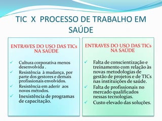 TIC X PROCESSO DE TRABALHO EM
                SAÚDE
ENTRAVES DO USO DAS TICs          ENTRAVES DO USO DAS TICs
        NA SAÚDE                           NA SAÚDE

   Cultura corporativa menos        Falta de conscientização e
    desenvolvida .                    treinamento com relação às
   Resistência à mudança, por        novas metodologias de
    parte dos gestores e demais       gestão de projetos e de TICs
    profissionais envolvidos.         nas instituições de saúde.
   Resistência em aderir aos        Falta de profissionais no
    novos métodos.                    mercado qualificados
   Inexistência de programas         nessas tecnologias.
    de capacitação.                  Custo elevado das soluções.
 