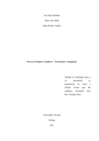 Joel Jorge Murabiua
Maira Ana Malaia
Quina Rosário Aquimo
Processos Psíquicos Cognitivos – Pensamento e Imaginação
Trabalho de Psicologia Geral, a
ser apresentado ao
departamento de Letras e
Ciências Sociais para fins
avaliativos, leccionado pelo:
Msc. Fernando Pinto
Universidade Rovuma
Lichinga
2021
 