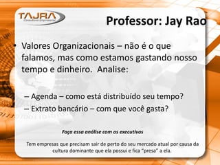 Professor: Jay Rao
• Valores Organizacionais – não é o que
falamos, mas como estamos gastando nosso
tempo e dinheiro. Analise:
– Agenda – como está distribuído seu tempo?
– Extrato bancário – com que você gasta?
Faça essa análise com os executivos
Tem empresas que precisam sair de perto do seu mercado atual por causa da
cultura dominante que ela possui e fica “presa” a ela.
 