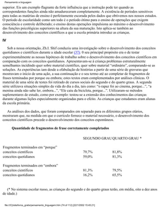 Pensamento e linguagem

superior. Eis um exemplo flagrante da forte influência que a instrução pode ter quando as
correspondentes funções ainda não amadureceram completamente. A existência de períodos sensitivos
para todas as matérias de ensino é perfeitamente escorada pelos dados que obtivemos nos nossos estudos.
O período de escolaridade como um todo é o período ótimo para o ensino de operações que exigem
consciência e controle deliberado; o ensino destas operações impulsiona ao máximo o desenvolvimento
das funções psicológicas superiores na altura da sua maturação. Isto aplica-se também ao
desenvolvimento dos conceitos científicos a que a escola primária introduz as crianças.

IV

   Sob a nossa orientação, Zh.I. Shif conduziu uma investigação sobre o desenvolvimento dos conceitos
quotidianos e científicos durante a idade escolar (37). 0 seu principal propósito era o de testar
experimentalmente as nossas hipóteses de trabalho sobre o desenvolvimento dos conceitos científicos em
comparação com os conceitos quotidianos. Apresentavam-se à criança problemas estruturalmente
semelhantes incidindo quer sobre material científico, quer sobre material “ordinário”, comparando-se as
soluções. As experiências iam desde a efabulação de histórias a partir de uma série de gravuras que
mostravam o início de uma ação, a sua continuação e o seu termo até ao completar de fragmentos de
frases terminadas por porque ou embora; estes textos eram complementados por análises clínicas. O
material de uma série de testes foi retirado de cursos sociais do segundo e do quarto graus. A segunda
série utilizava situações simples da vida do dia a dia, tais como: “o rapaz foi ao cinema, porque...”, “a
menina ainda não sabe ler, embora...”, “Ele caiu da bicicleta, porque...”. Utilizaram-se métodos
suplementares de estudo, como por exemplo: testou-se a extensão dos conhecimentos das crianças
durante algumas lições especialmente organizadas para o efeito. As crianças que estudamos eram alunas
da escola primária.

   As análises dos dados, que foram comparados em separado para os diferentes grupos etários,
mostraram que, na medida em que o currículo fornece o material necessário, o desenvolvimento dos
conceitos científicos precede o desenvolvimento dos conceitos espontâneos.

       Quantidade de fragmentos de frase corretamente completados

                                                                            SEGUNDO GRAU QUARTO GRAU *

Fragmentos terminados em “porque”
conceitos científicos                                                       79,7%          81,8%
conceitos quotidianos                                                       59,0%          81,3%

Fragmentos terminados em “embora”
conceitos científicos                                                       81,3%          79,5%
conceitos quotidianos                                                       16,2%          65,5%


   (* No sistema escolar russo, as crianças do segundo e do quarto graus terão, em média, oito a dez anos
de idade.)


 file:///C|/site/livros_gratis/pensamento_linguagem.htm (74 of 112) [22/1/2002 15:45:21]
 
