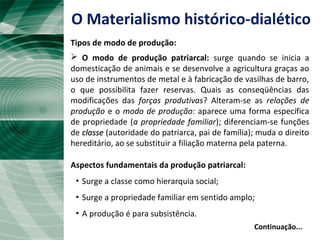  O modo de produção patriarcal: surge quando se inicia a
domesticação de animais e se desenvolve a agricultura graças ao
uso de instrumentos de metal e à fabricação de vasilhas de barro,
o que possibilita fazer reservas. Quais as conseqüências das
modificações das forças produtivas? Alteram-se as relações de
produção e o modo de produção: aparece uma forma específica
de propriedade (a propriedade familiar); diferenciam-se funções
de classeclasse (autoridade do patriarca, pai de família); muda o direito
hereditário, ao se substituir a filiação materna pela paterna.
Continuação...
Aspectos fundamentais da produção patriarcal:
▪ Surge a classe como hierarquia social;
▪ Surge a propriedade familiar em sentido amplo;
▪ A produção é para subsistência.
O Materialismo histórico-dialético
Tipos de modo de produção:
 