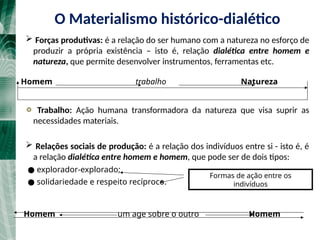 O Materialismo histórico-dialético
 Forças produtivas: é a relação do ser humano com a natureza no esforço de
produzir a própria existência – isto é, relação dialética entre homem e
natureza, que permite desenvolver instrumentos, ferramentas etc.
Homem trabalho Natureza
Trabalho: Ação humana transformadora da natureza que visa suprir as
necessidades materiais.
 Relações sociais de produção: é a relação dos indivíduos entre si - isto é, é
a relação dialética entre homem e homem, que pode ser de dois tipos:
● explorador-explorado;
● solidariedade e respeito recíproco.
Homem um age sobre o outro Homem
Formas de ação entre os
indivíduos
 