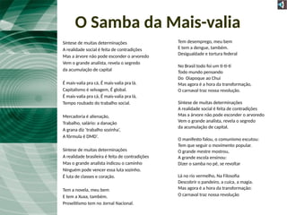 O Samba da Mais-valia
Síntese de muitas determinações
A realidade social é feita de contradições
Mas a árvore não pode esconder o arvoredo
Vem o grande analista, revela o segredo
da acumulação de capital
É mais-valia pra cá, É mais-valia pra lá.
Capitalismo é selvagem, É global.
É mais-valia pra cá, É mais-valia pra lá,
Tempo roubado do trabalho social.
Mercadoria é alienação,
Trabalho, salário: a danação
A grana diz ‘trabalho sozinha’,
A fórmula é DMD’.
Síntese de muitas determinações
A realidade brasileira é feita de contradições
Mas o grande analista indicou o caminho
Ninguém pode vencer essa luta sozinho.
É luta de classes e coração.
Tem a novela, meu bem
E tem a Xuxa, também.
Proselitismo tem no Jornal Nacional.
Tem desemprego, meu bem
E tem a dengue, também.
Desigualdade e tortura federal
No Brasil todo foi um ti-ti-ti
Todo mundo pensando
Do Oiapoque ao Chuí
Mas agora é a hora da transformação,
O carnaval traz nossa revolução.
Síntese de muitas determinações
A realidade social é feita de contradições
Mas a árvore não pode esconder o arvoredo
Vem o grande analista, revela o segredo
da acumulação de capital.
O manifesto falou, o comunismo escutou:
Tem que seguir o movimento popular.
O grande mestre mostrou,
A grande escola ensinou:
Dizer o samba no pé, se revoltar
Lá no rio vermelho, Na Filosofia
Descobrir o pandeiro, a cuíca, a magia.
Mas agora é a hora da transformação:
O carnaval traz nossa revolução
 