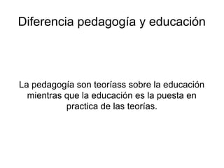 Diferencia pedagogía y educación



La pedagogía son teoríass sobre la educación
  mientras que la educación es la puesta ...
