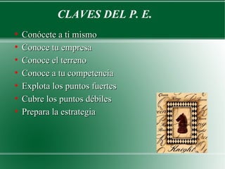 CLAVES DEL P. E.
●
    Conócete a ti mismo
●
    Conoce tu empresa
●
    Conoce el terreno
●
    Conoce a tu competencia
●
    Explota los puntos fuertes
●
    Cubre los puntos débiles
●
    Prepara la estrategia
 