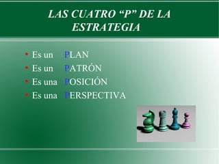 LAS CUATRO “P” DE LA
           ESTRATEGIA

●
    Es un    PLAN
●
    Es un    PATRÓN
●
    Es una   POSICIÓN
●
    Es una   PERSPECTIVA
 