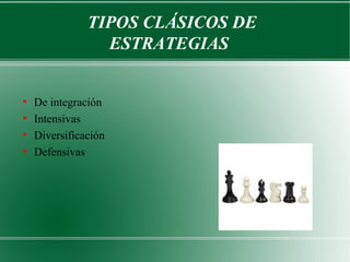 TIPOS CLÁSICOS DE
                 ESTRATEGIAS


●
    De integración
●
    Intensivas
●
    Diversificación
●
    Defensivas
 