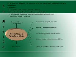 E s la unión del prepósito y el quehacer de la I.E . que la hace distinguirse de otras

L   instituciones.
    C omprende:

a
    * L a necesidad que la empresa pretende satisfacer.
    * L a contribución que la I.E . pretende hacer a la sociedad.
    * L a filosofía de la empresa: creencias, valores, actitudes, lineamientos.
    * E l estilo de la gestión y dirección.


M        Ser posible de hacer
            en la realidad
                                              No ser ni tan concreta ni tan amplia



i                                            Ajustarse a la normatividad vigente


s      Requisitos para                        Ser dinámica y revisarla periódicamente

i     Formular la Misión
                                              Ser coherente con todos los elementos del Plan

ó
n          Ser motivante                      Definir los principales campos de competencia
 