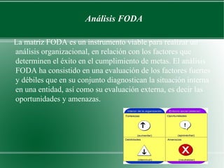 Análisis FODA

La matriz FODA es un instrumento viable para realizar un
análisis organizacional, en relación con los factores que
determinen el éxito en el cumplimiento de metas. El análisis
FODA ha consistido en una evaluación de los factores fuertes
y débiles que en su conjunto diagnostican la situación interna
en una entidad, así como su evaluación externa, es decir las
oportunidades y amenazas.
 