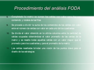 Procedimiento del análisis FODA
8.    Completada la matriz se suman las celdas con valor cero, las con
      contenido, y totales de las filas

9.    Se procede a dividir la suma de los contenidos de las celdas con valor
      entre el número de celdas con valor en cada uno de los cuadrantes

10.   Se divide el valor obtenido en la ultima columna entre la cantidad de
      celdas ocupadas obteniéndose el valor promedio de las celdas de la
      matriz y se resalta todas aquellas celdas con un valor mayor que el
      promedio para los cuadrantes y para el promedio de la matriz

11.   Las celdas resaltadas brindan una visión de los puntos clave para el
      diseño de las estrategias
 