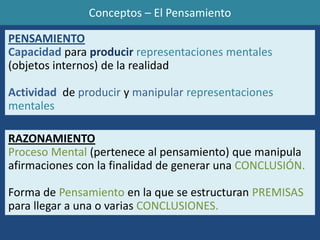 Conceptos – El Pensamiento PENSAMIENTO Capacidadpara producirrepresentaciones mentales (objetos internos) de la realidad Actividaddeproducirymanipularrepresentaciones mentales RAZONAMIENTO Proceso Mental (pertenece al pensamiento) que manipula afirmaciones con la finalidad de generar una CONCLUSIÓN. Forma de Pensamiento en la que se estructuran PREMISAS para llegar a una o varias CONCLUSIONES. 