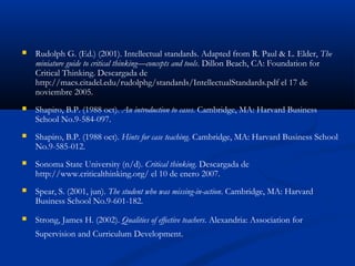  Rudolph G. (Ed.) (2001). Intellectual standards. Adapted from R. Paul & L. Elder, The
miniature guide to critical thinking—concepts and tools. Dillon Beach, CA: Foundation for
Critical Thinking. Descargada de
http://macs.citadel.edu/rudolphg/standards/IntellectualStandards.pdf el 17 de
noviembre 2005.
 Shapiro, B.P. (1988 oct). An introduction to cases. Cambridge, MA: Harvard Business
School No.9-584-097.
 Shapiro, B.P. (1988 oct). Hints for case teaching. Cambridge, MA: Harvard Business School
No.9-585-012.
 Sonoma State University (n/d). Critical thinking. Descargada de
http://www.criticalthinking.org/ el 10 de enero 2007.
 Spear, S. (2001, jun). The student who was missing-in-action. Cambridge, MA: Harvard
Business School No.9-601-182.
 Strong, James H. (2002). Qualities of effective teachers. Alexandria: Association for
Supervision and Curriculum Development.
 