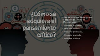 El desarrollo el pensamiento crítico
se adquiere de a través de
diferentes fases:
• Pensador Irreflexivo.
• Pensador retado.
• Pensador practicante.
• Pensador avanzado.
• Pensador maestro.
 
