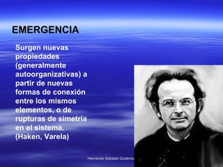 Surgen nuevas propiedades (generalmente autoorganizativas) a partir de nuevas formas de conexión entre los mismos elementos, o de rupturas de simetría en el sistema.  (Haken, Varela)  EMERGENCIA 