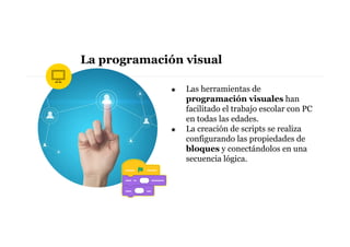 ◉ Las herramientas de
programación visuales han
facilitado el trabajo escolar con PC
en todas las edades.
◉ La creación de...