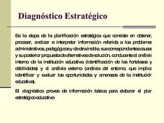 Diagnóstico   Estratégico Es la etapa de la planificación estratégica que consiste en obtener, procesar, analizar e interpretar información referida a los problemas administrativos, pedagógicos y de otra índole, sus correspondientes causas y su posterior propuesta de alternativas de solución, conducente al análisis interno de la institución educativa (identificación de las fortalezas y debilidades) y al análisis externo (análisis del entorno, que implica identificar y evaluar las oportunidades y amenazas de la institución educativa).  El diagnóstico provee de información básica para elaborar el plan estratégico educativo 