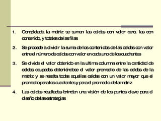 Completada la matriz se suman las celdas con valor cero, las con contenido, y totales de las filas  Se procede a dividir la suma de los contenidos de las celdas con valor entre el número de celdas con valor en cada uno de los cuadrantes Se divide el valor obtenido en la ultima columna entre la cantidad de celdas ocupadas obteniéndose el valor promedio de las celdas de la matriz y se resalta todas aquellas celdas con un valor mayor que el promedio para los cuadrantes y para el promedio de la matriz Las celdas resaltadas brindan una visión de los puntos clave para el diseño de las estrategias 