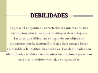 DEBILIDADES Expresa el conjunto de características internas de una institución educativa que constituyen desventajas o fac...