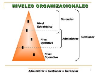 NIVELES ORGANIZACIONALES 1 3 5 2 4 Nivel Estratégico Nivel Ejecutivo Nivel Operativo Gerenciar Administrar Gestionar Administrar = Gestionar = Gerenciar 