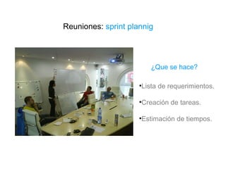 Reuniones:  sprint plannig Lista de requerimientos. Creación de tareas. Estimación de tiempos. ¿Que se hace? 