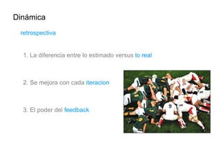 Dinámica retrospectiva 1. La diferencia entre lo estimado versus  lo real 2. Se mejora con cada  iteracion 3. El poder del  feedback 