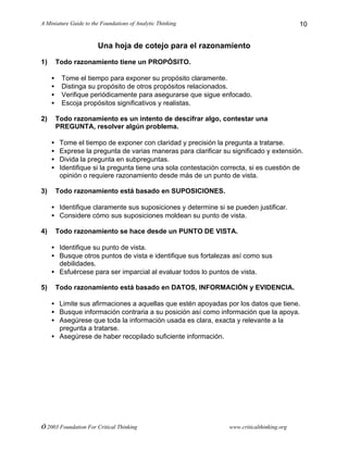 A Miniature Guide to the Foundations of Analytic Thinking
© 2003 Foundation For Critical Thinking www.criticalthinking.org
10
Una hoja de cotejo para el razonamiento
1) Todo razonamiento tiene un PROPÓSITO.
• Tome el tiempo para exponer su propósito claramente.
• Distinga su propósito de otros propósitos relacionados.
• Verifique periódicamente para asegurarse que sigue enfocado.
• Escoja propósitos significativos y realistas.
2) Todo razonamiento es un intento de descifrar algo, contestar una
PREGUNTA, resolver algún problema.
• Tome el tiempo de exponer con claridad y precisión la pregunta a tratarse.
• Exprese la pregunta de varias maneras para clarificar su significado y extensión.
• Divida la pregunta en subpreguntas.
• Identifique si la pregunta tiene una sola contestación correcta, si es cuestión de
opinión o requiere razonamiento desde más de un punto de vista.
3) Todo razonamiento está basado en SUPOSICIONES.
• Identifique claramente sus suposiciones y determine si se pueden justificar.
• Considere cómo sus suposiciones moldean su punto de vista.
4) Todo razonamiento se hace desde un PUNTO DE VISTA.
• Identifique su punto de vista.
• Busque otros puntos de vista e identifique sus fortalezas así como sus
debilidades.
• Esfuércese para ser imparcial al evaluar todos lo puntos de vista.
5) Todo razonamiento está basado en DATOS, INFORMACIÓN y EVIDENCIA.
• Limite sus afirmaciones a aquellas que estén apoyadas por los datos que tiene.
• Busque información contraria a su posición así como información que la apoya.
• Asegúrese que toda la información usada es clara, exacta y relevante a la
pregunta a tratarse.
• Asegúrese de haber recopilado suficiente información.
 