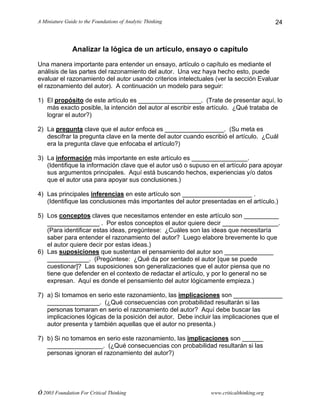 A Miniature Guide to the Foundations of Analytic Thinking
© 2003 Foundation For Critical Thinking www.criticalthinking.org
24
Analizar la lógica de un artículo, ensayo o capítulo
Una manera importante para entender un ensayo, artículo o capítulo es mediante el
análisis de las partes del razonamiento del autor. Una vez haya hecho esto, puede
evaluar el razonamiento del autor usando criterios intelectuales (ver la sección Evaluar
el razonamiento del autor). A continuación un modelo para seguir:
1) El propósito de este artículo es __________________. (Trate de presentar aquí, lo
más exacto posible, la intención del autor al escribir este artículo. ¿Qué trataba de
lograr el autor?)
2) La pregunta clave que el autor enfoca es _________________. (Su meta es
descifrar la pregunta clave en la mente del autor cuando escribió el artículo. ¿Cuál
era la pregunta clave que enfocaba el artículo?)
3) La información más importante en este artículo es ________________.
(Identifique la información clave que el autor usó o supuso en el artículo para apoyar
sus argumentos principales. Aquí está buscando hechos, experiencias y/o datos
que el autor usa para apoyar sus conclusiones.)
4) Las principales inferencias en este artículo son ____________________ .
(Identifique las conclusiones más importantes del autor presentadas en el artículo.)
5) Los conceptos claves que necesitamos entender en este artículo son __________
_______________ . Por estos conceptos el autor quiere decir ________________.
(Para identificar estas ideas, pregúntese: ¿Cuáles son las ideas que necesitaría
saber para entender el razonamiento del autor? Luego elabore brevemente lo que
el autor quiere decir por estas ideas.)
6) Las suposiciones que sustentan el pensamiento del autor son ______________
____________. (Pregúntese: ¿Qué da por sentado el autor [que se puede
cuestionar]? Las suposiciones son generalizaciones que el autor piensa que no
tiene que defender en el contexto de redactar el artículo, y por lo general no se
expresan. Aquí es donde el pensamiento del autor lógicamente empieza.)
7) a) Si tomamos en serio este razonamiento, las implicaciones son ______________
_______________. (¿Qué consecuencias con probabilidad resultarán si las
personas tomaran en serio el razonamiento del autor? Aquí debe buscar las
implicaciones lógicas de la posición del autor. Debe incluir las implicaciones que el
autor presenta y también aquellas que el autor no presenta.)
7) b) Si no tomamos en serio este razonamiento, las implicaciones son ______
________________. (¿Qué consecuencias con probabilidad resultarán si las
personas ignoran el razonamiento del autor?)
 