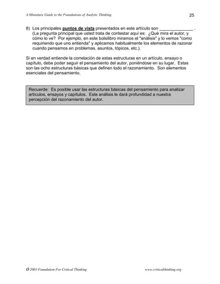A Miniature Guide to the Foundations of Analytic Thinking
© 2003 Foundation For Critical Thinking www.criticalthinking.org
25
8) Los principales puntos de vista presentados en este artículo son ______________ .
(La pregunta principal que usted trata de contestar aquí es: ¿Qué mira el autor, y
cómo lo ve? Por ejemplo, en este bolsilibro miramos el "análisis" y lo vemos "como
requiriendo que uno entienda" y aplicamos habitualmente los elementos de razonar
cuando pensamos en problemas, asuntos, tópicos, etc.).
Si en verdad entiende la correlación de estas estructuras en un artículo, ensayo o
capítulo, debe poder seguir el pensamiento del autor, poniéndose en su lugar. Estas
son las ocho estructuras básicas que definen todo el razonamiento. Son elementos
esenciales del pensamiento.
Recuerde: Es posible usar las estructuras básicas del pensamiento para analizar
artículos, ensayos y capítulos. Este análisis le dará profundidad a nuestra
percepción del razonamiento del autor.
 