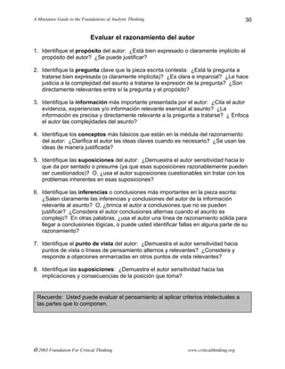 A Miniature Guide to the Foundations of Analytic Thinking
© 2003 Foundation For Critical Thinking www.criticalthinking.org
30
Evaluar el razonamiento del autor
1. Identifique el propósito del autor: ¿Está bien expresado o claramente implícito el
propósito del autor? ¿Se puede justificar?
2. Identifique la pregunta clave que la pieza escrita contesta: ¿Está la pregunta a
tratarse bien expresada (o claramente implícita)? ¿Es clara e imparcial? ¿Le hace
justicia a la complejidad del asunto a tratarse la expresión de la pregunta? ¿Son
directamente relevantes entre sí la pregunta y el propósito?
3. Identifique la información más importante presentada por el autor: ¿Cita el autor
evidencia, experiencias y/o información relevante esencial al asunto? ¿La
información es precisa y directamente relevante a la pregunta a tratarse? ¿ Enfoca
el autor las complejidades del asunto?
4. Identifique los conceptos más básicos que están en la médula del razonamiento
del autor: ¿Clarifica el autor las ideas claves cuando es necesario? ¿Se usan las
ideas de manera justificada?
5. Identifique las suposiciones del autor: ¿Demuestra el autor sensitividad hacia lo
que da por sentado o presume (ya que esas suposiciones razonablemente pueden
ser cuestionados)? O, ¿usa el autor suposiciones cuestionables sin tratar con los
problemas inherentes en esas suposiciones?
6. Identifique las inferencias o conclusiones más importantes en la pieza escrita:
¿Salen claramente las inferencias y conclusiones del autor de la información
relevante al asunto? O, ¿brinca el autor a conclusiones que no se pueden
justificar? ¿Considera el autor conclusiones alternas cuando el asunto es
complejo? En otras palabras, ¿usa el autor una línea de razonamiento sólida para
llegar a conclusiones lógicas, o puede usted identificar fallas en alguna parte de su
razonamiento?
7. Identifique el punto de vista del autor: ¿Demuestra el autor sensitividad hacia
puntos de vista o líneas de pensamiento alternos y relevantes? ¿Considera y
responde a objeciones enmarcadas en otros puntos de vista relevantes?
8. Identifique las suposiciones: ¿Demuestra el autor sensitividad hacia las
implicaciones y consecuencias de la posición que toma?
Recuerde: Usted puede evaluar el pensamiento al aplicar criterios intelectuales a
las partes que lo componen.
 